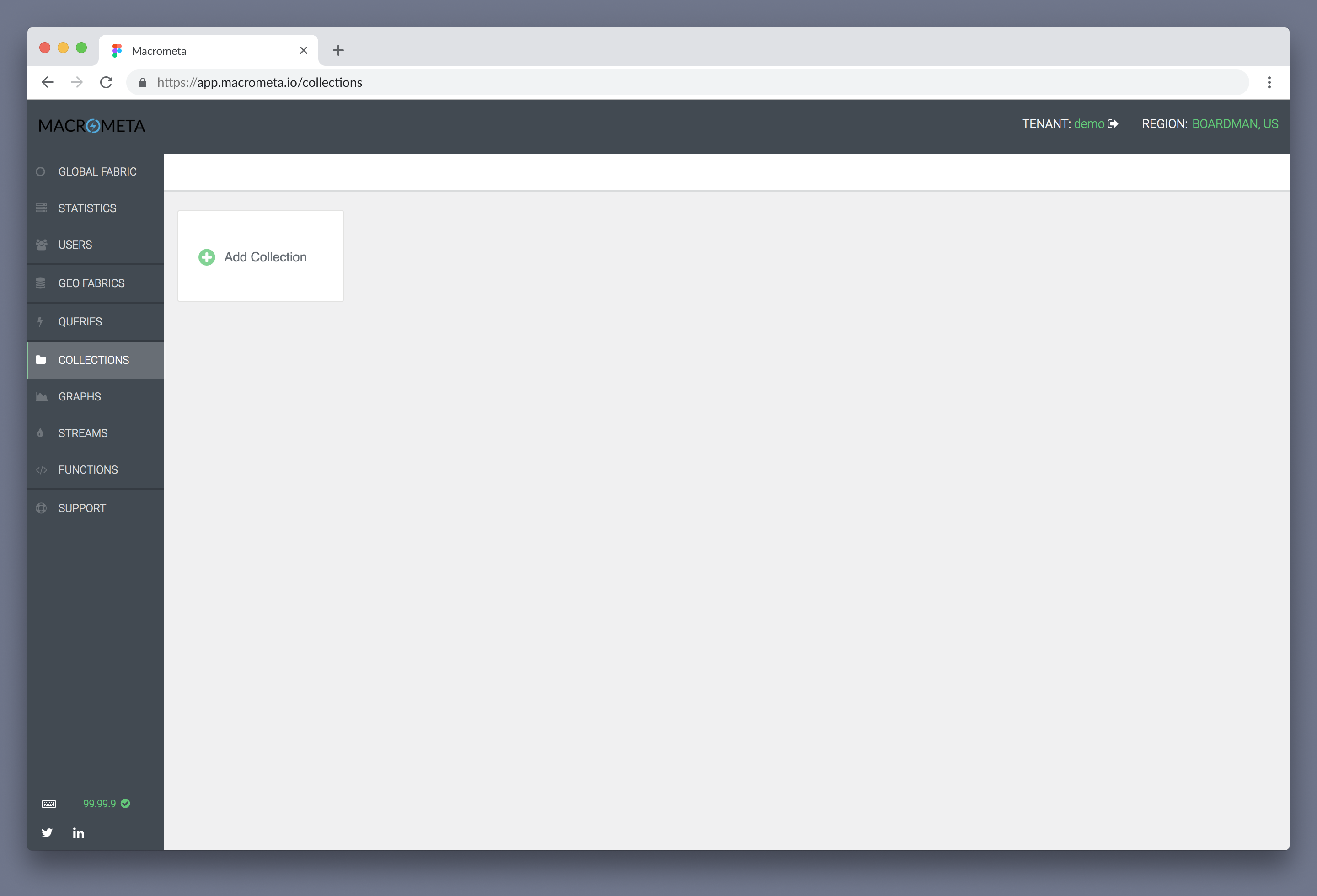 Macrometa web console collection activation view, before redesign