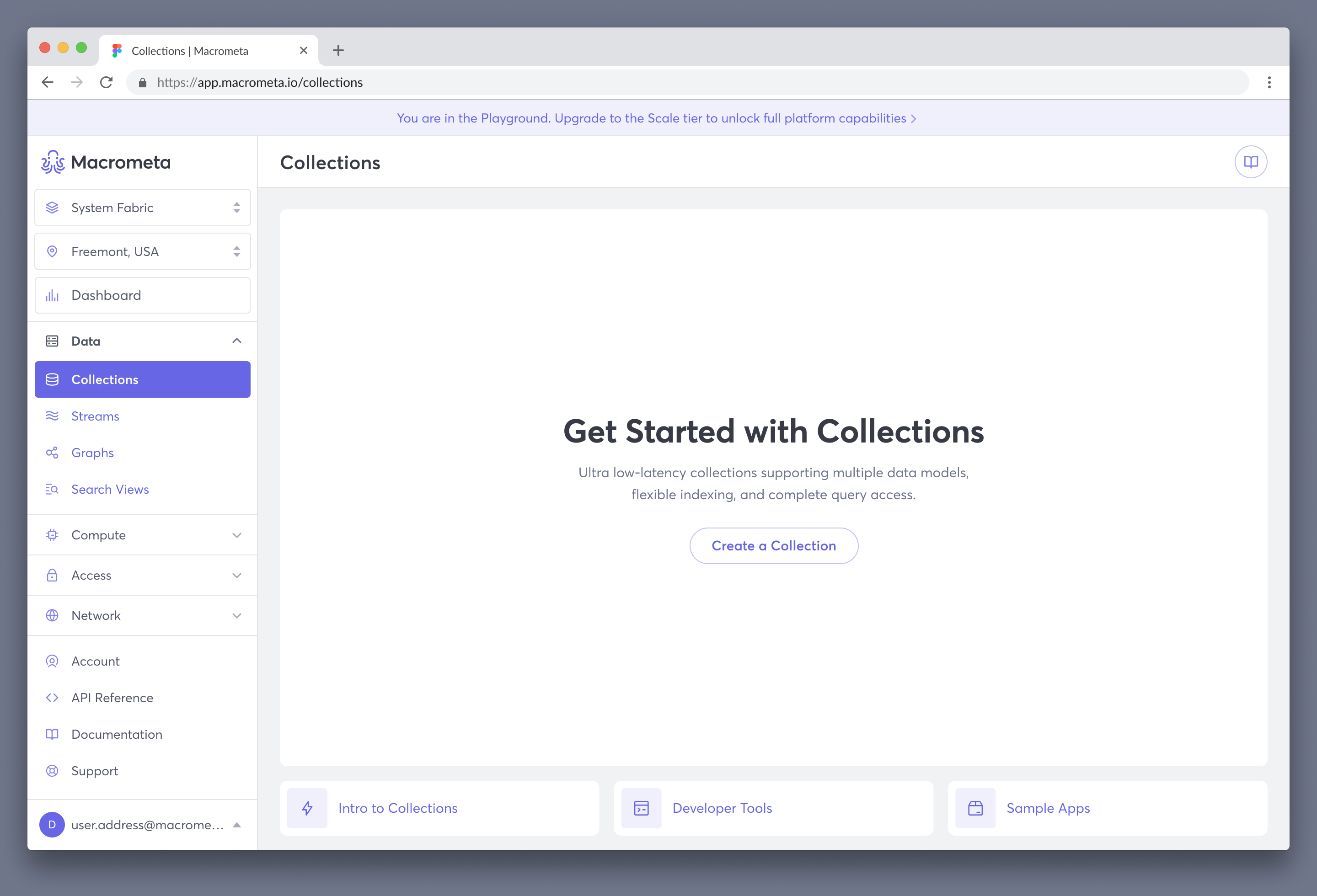 Macrometa web console collection activation view