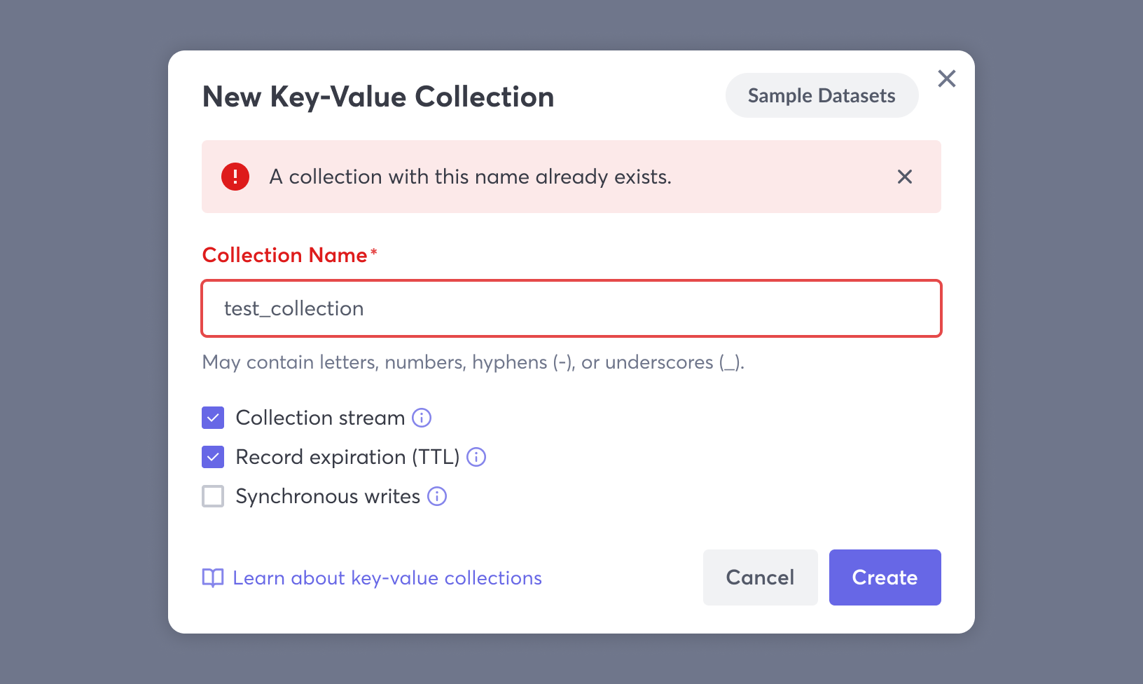 Macrometa web console collection creation modal