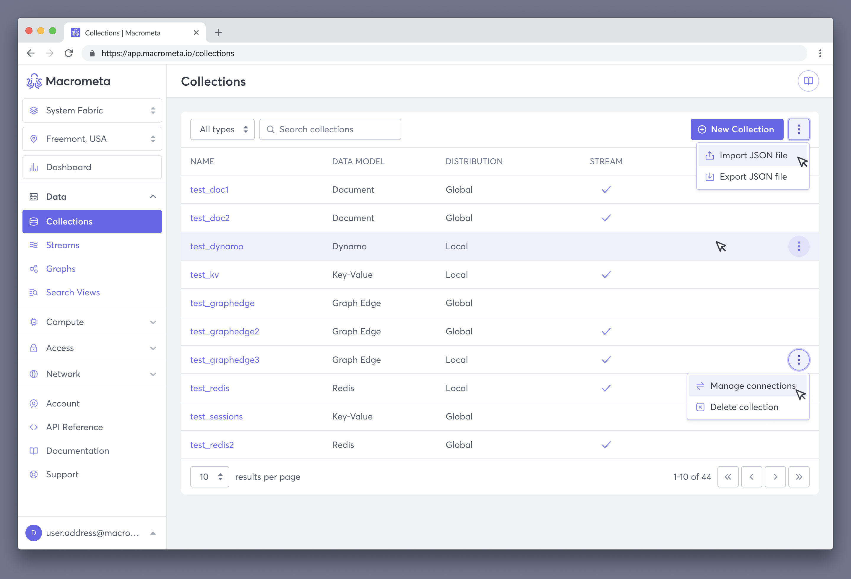 Macrometa web console collection list view