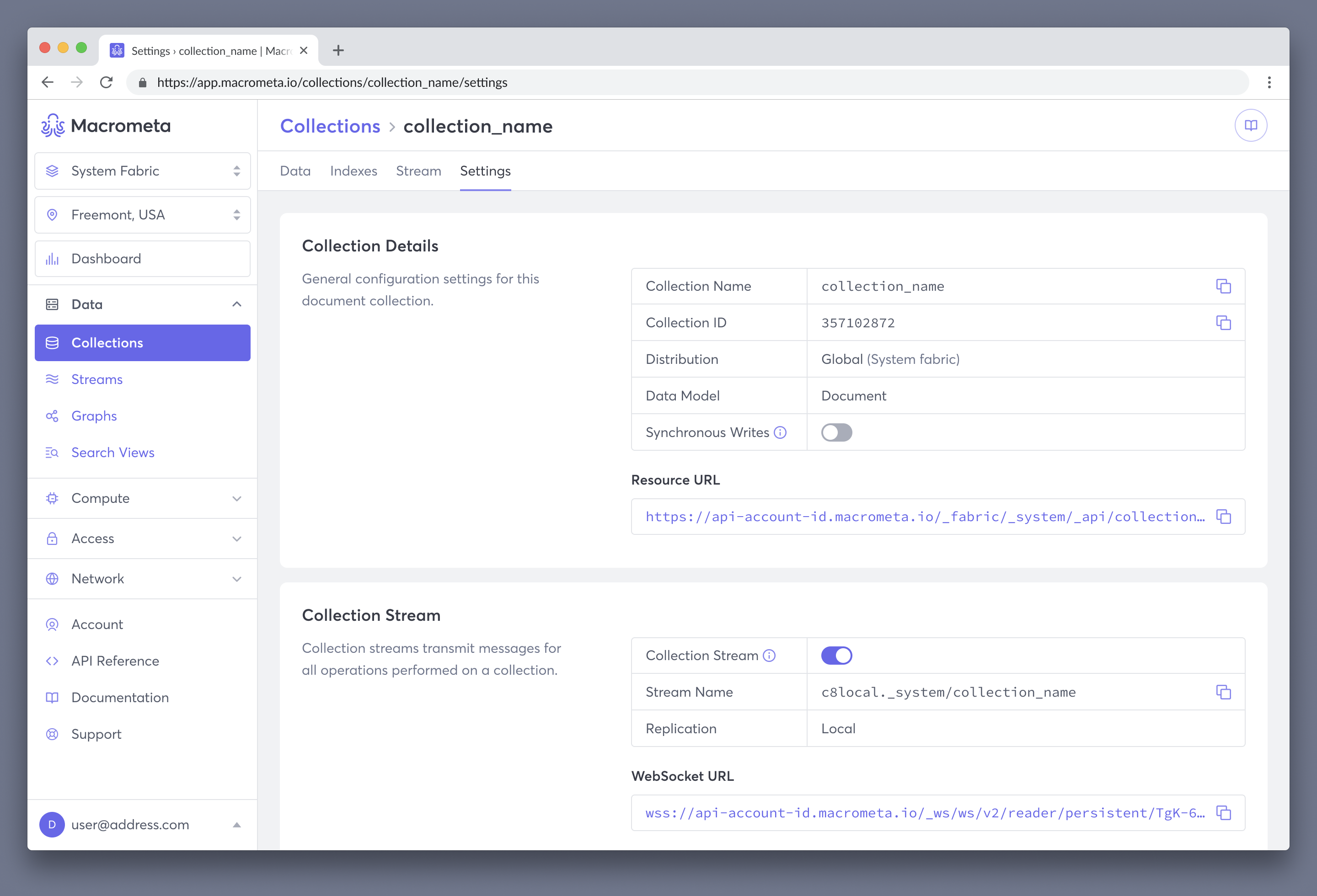 Macrometa web console collection settings view