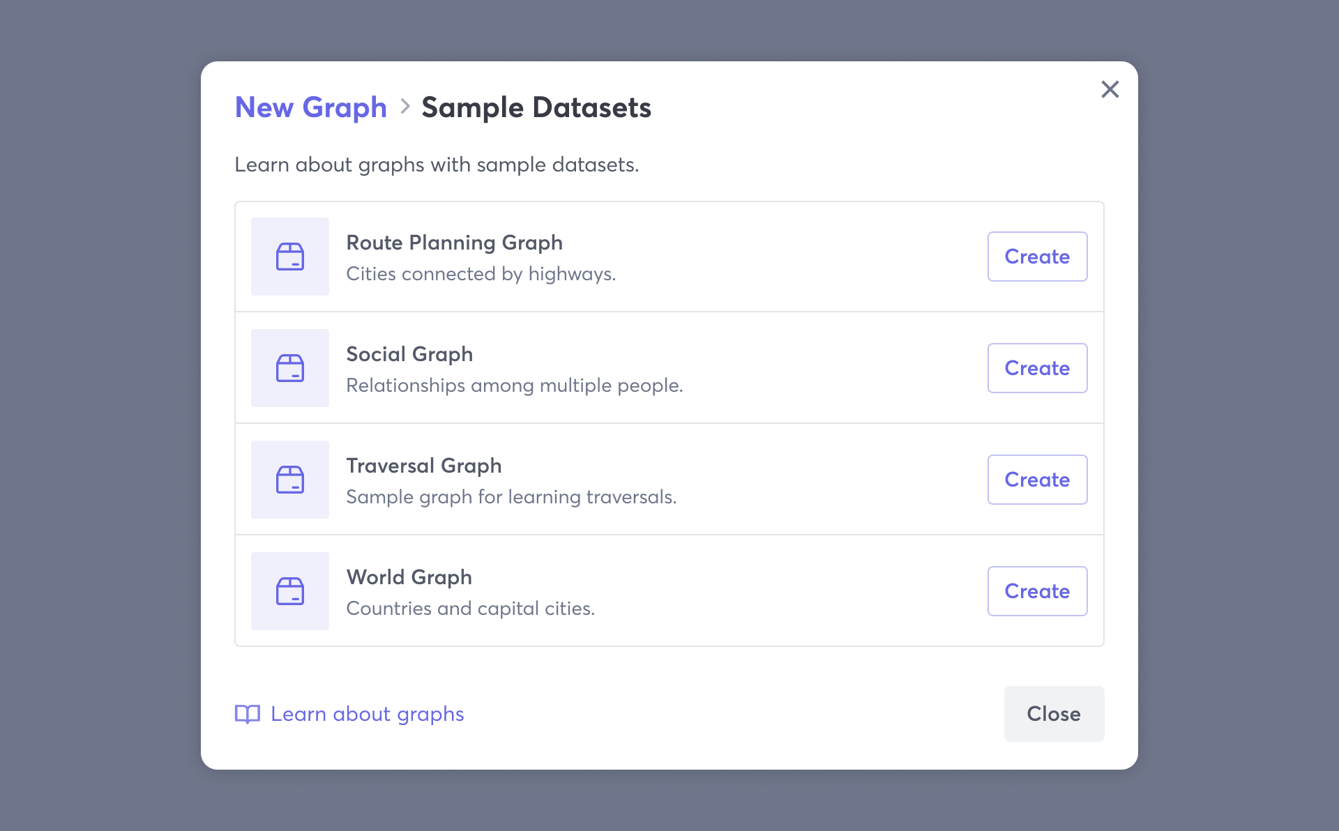 Macrometa web console graph creation sample datasets modal
