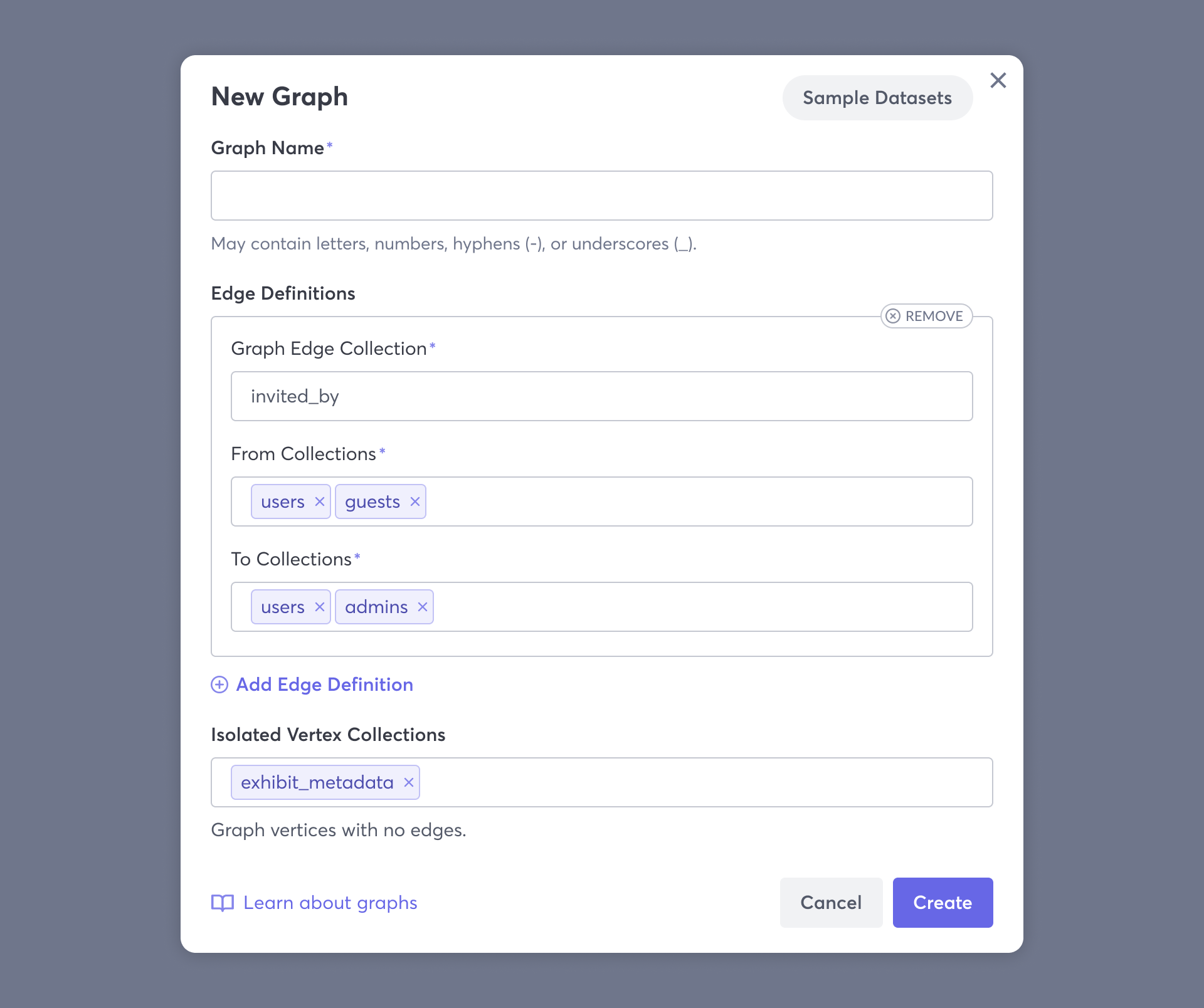 Macrometa web console graph creation modal