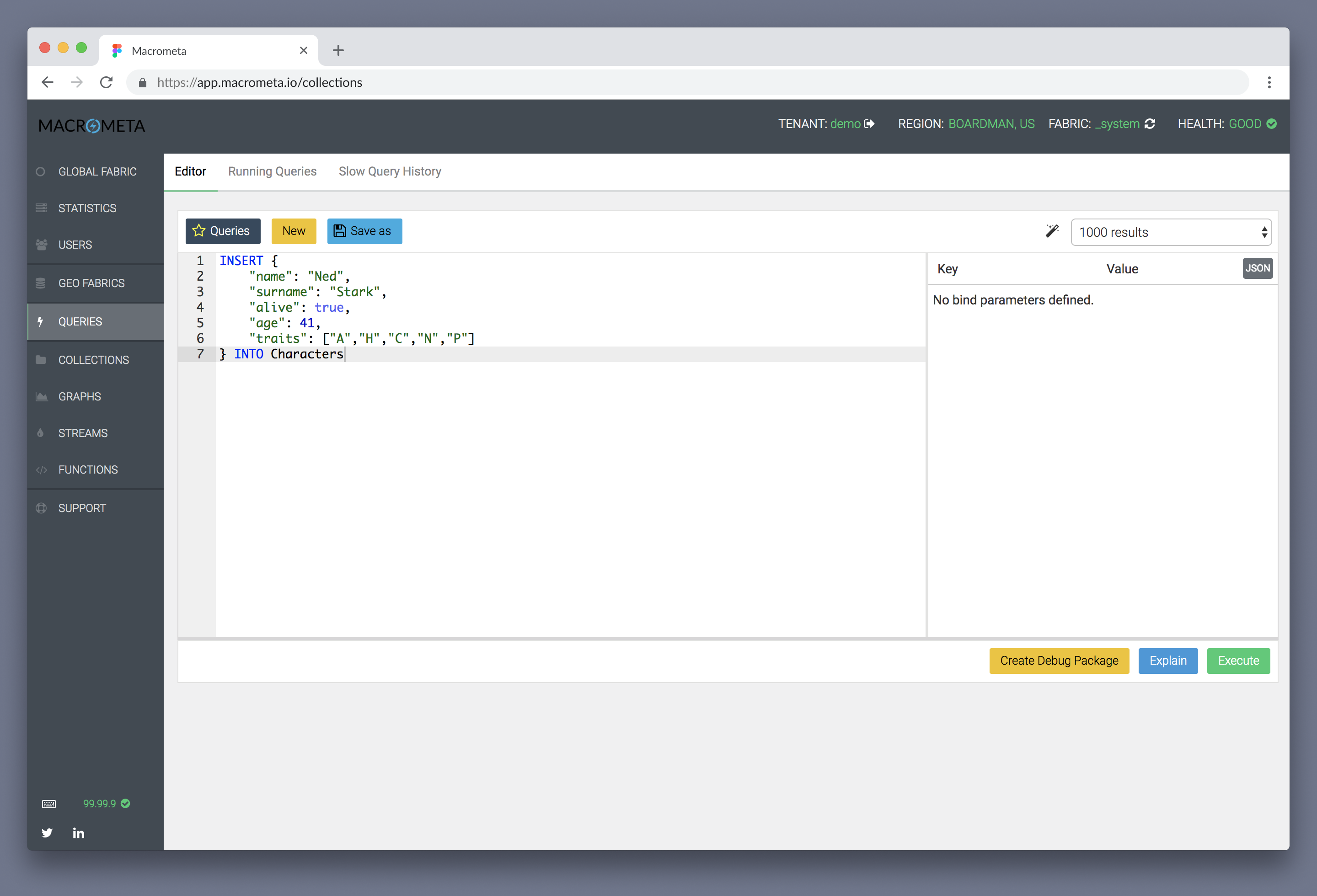 Macrometa web console query editor view, before redesign