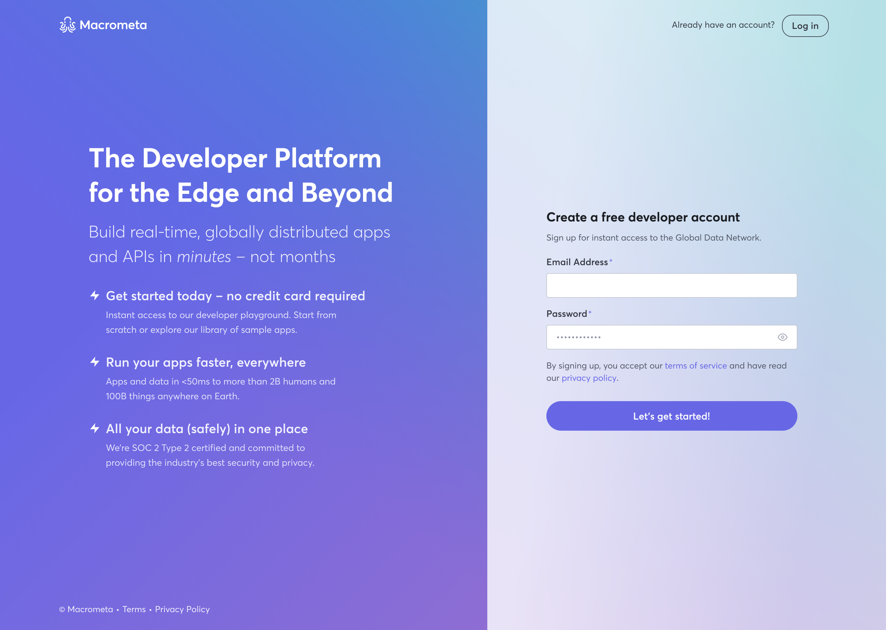 Macrometa web console signup view